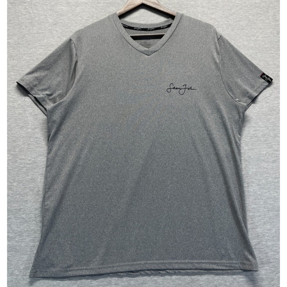 Sean John T Shirt Mens XL Heather Gray Embroidered Signature Logo Stretch V Neck